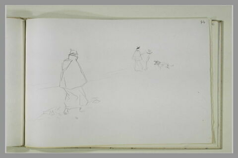 Figure en pélerine, de dos, et deux personnages avec un chien, au loin, image 1/1
