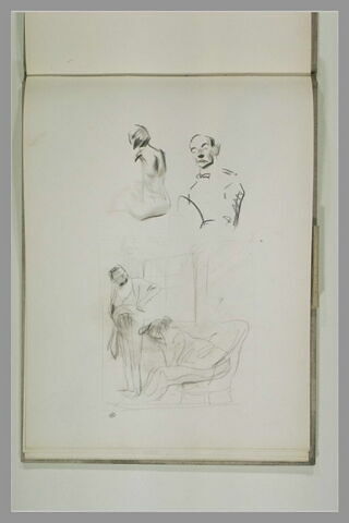 Un couple dans un intérieur, dans un encadrement ; deux études de figures, image 1/1