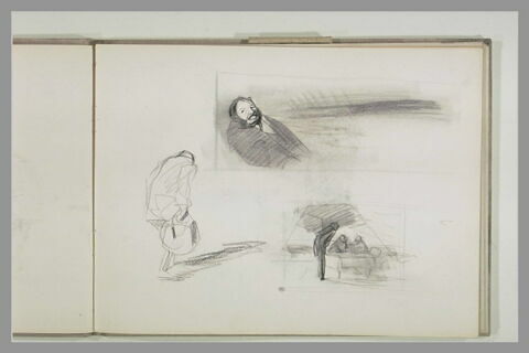 Homme courbé marchant, de dos ; deux scènes dans des encadrements, image 1/1
