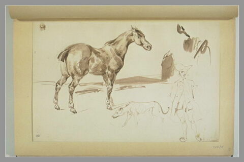 Cheval tourné vers la droite et valet en costume XVIIIè s avec un chien, image 1/1