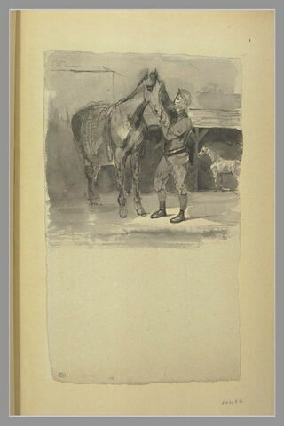 Homme soignant un cheval devant une écurie et un autre cheval, image 2/2