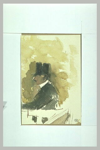 Homme, vu à mi-corps et de profil, coiffé d'un haut-de-forme, image 1/1