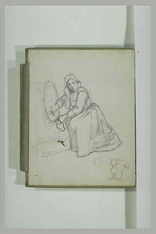 Femme assise tirant du cidre d'un tonneau, et détail d'une roue de rouet