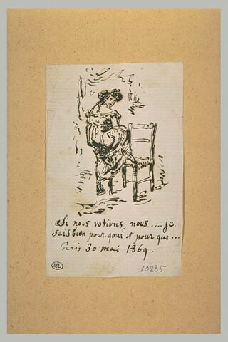 Femme debout, de dos, le pied droit posé sur une chaise, image 1/1