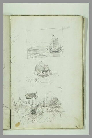 Marine ; charette attelée et trois figures ; paysage avec une laison
