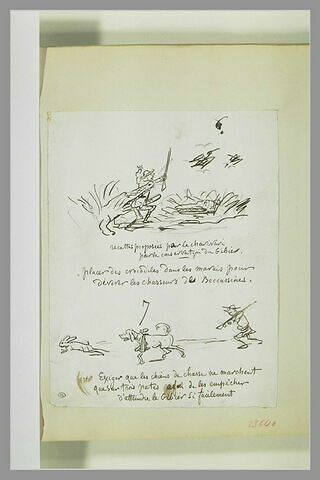 Caricatures : chasseur et crocodile ; chien boiteux précédent un chasseur, image 1/1