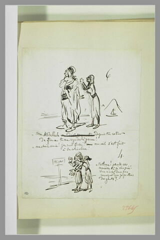 Caricatures : arabe tournant le dos à une femme ; femme embrassant un arabe, image 1/1