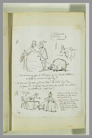 Caricature : homme interpellant un paysan ; homme et femme dialoguant, image 1/1