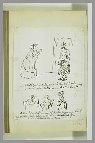 Caricatures : une bonne et un homme dévêtu ; bourgeois à table et leur bonne, image 1/1