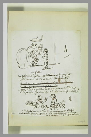 Caricatures : un couple devant un petit garçon nu ; un couple et leur enfant, image 1/1