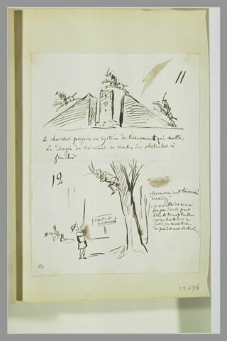 Caricatures : une course ; garde-champêtre et un homme perché dans un arbre, image 1/1