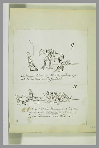Caricatures : jockeys endormis ; peloton d'hommes courant derrière un cheval, image 1/1