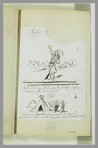 Caricatures : zouave s'adressant au soleil ; deux militaires près de tentes, image 1/1