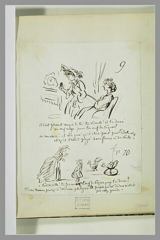 Caricatures : deux femmes conversant ; dame apostrophant une fillette, image 1/1
