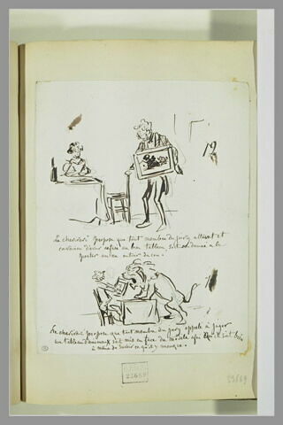 Caricatures : homme portant un tableau pendu au cou ; homme face à un lion, image 1/1