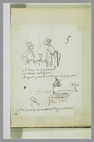 Caricatures : bourgeois à une table de café ; homme regardant une girouette