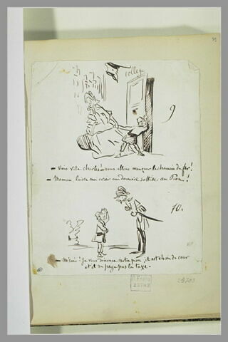 Caricatures : femme entraînant un collégien ; un collégien avec un gendarme, image 1/1