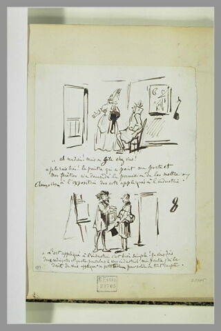 Caricatures : femme dicutant avec un homme ; peintre et un homme, image 1/1