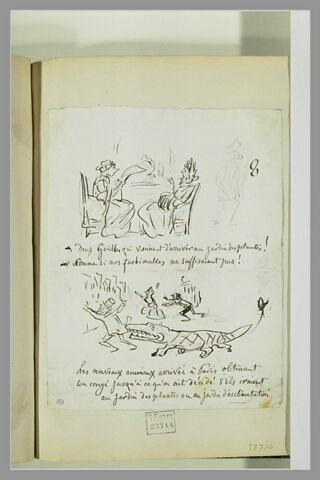 Caricatures : dicussions entre deux dames ; homme fuyant un crocodile, image 1/1