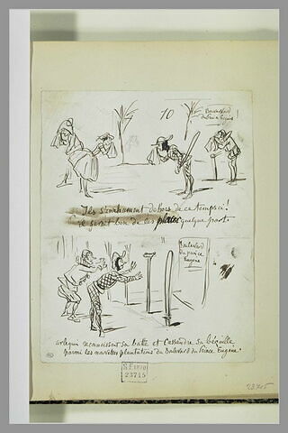 Caricatures : Arlequin et autres figures sur un boulevard ; deux figures