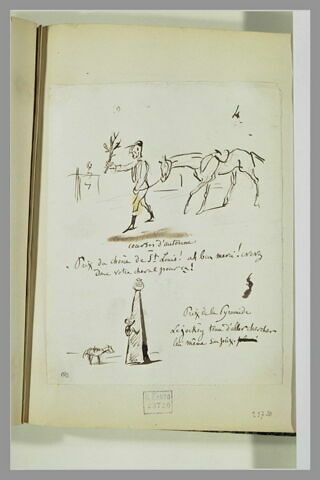 Caricatures : jockey  et son cheval ; jockey montant le long d'une pyramide, image 1/1