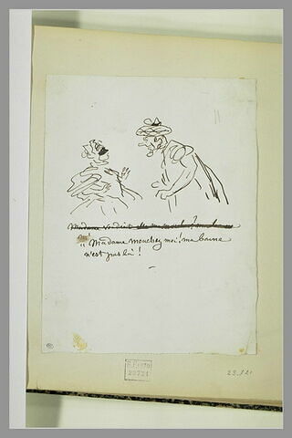 Caricature : jeune femme masquée reculant devant un vieil homme