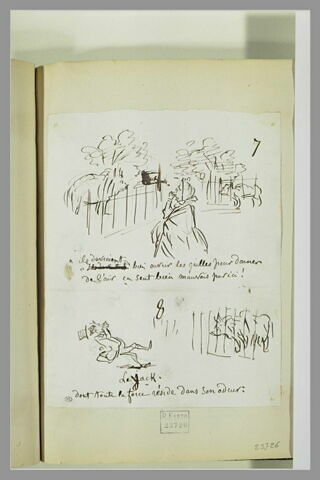 Caricatures : femme se bouchant le nez ; homme tombant à la renverse au zoo, image 1/1