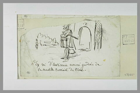 Caricature : un homme, un bâton sous le bras, devant une porte monumentale