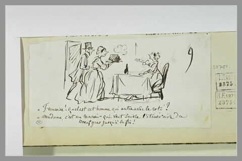 Caricature : une servante suivie d'un homme devant une femme attablée, image 1/1