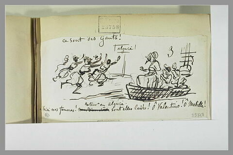 Caricature : arabes dans une barque regardant des femmes sur un quai