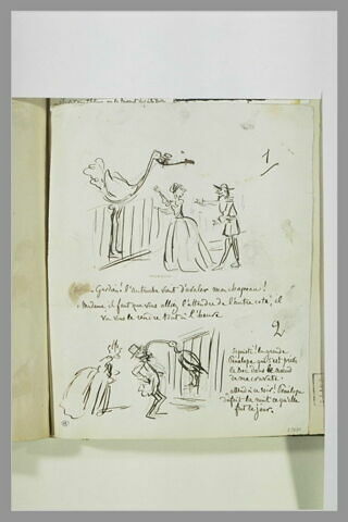 Caricatures : dame et gardien devant une autruche ; couple devant un oiseau, image 1/1