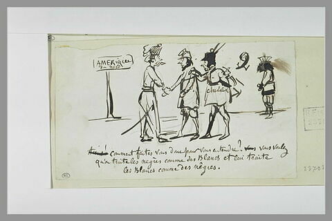 Caricature : discussion entre deux soldats et le charivari