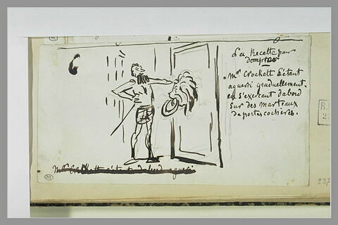 Caricature : dompteur, la main posée sur un marteau de porte à tête de lion
