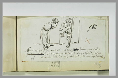Caricature : homme en robe de chambre recevant un huissier