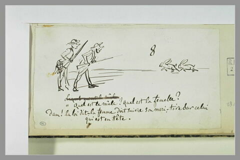 Caricature : deux chasseurs regardant deux lièvres se suivant, image 1/1