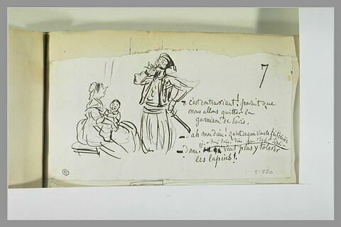 Caricature : zouave s'adressant devant une bonne avec un enfant