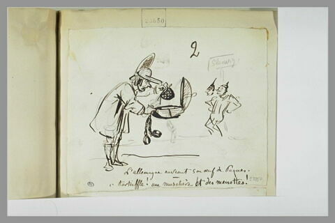 Caricature : l'Allemagne ouvrant un oeuf de Pâques, et deux hommes casqués, image 1/1