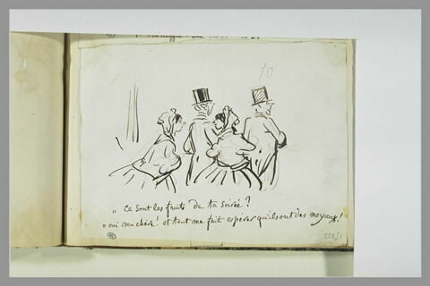 Caricature : femme entourée de deux hommes s'adressant à une autre femme, image 1/1