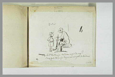 Caricature : dialogue entre un petit collégien et un vieux monsieur assis, image 1/1