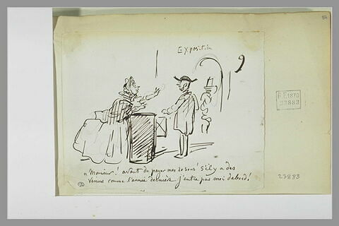 Caricature : une femme interpellant un gardien posté près d'un tourniquet