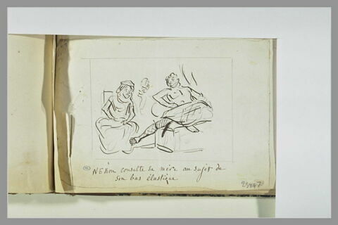 Caricature : un homme assis sur un lit et montrant sa jambe à une femme, image 1/1