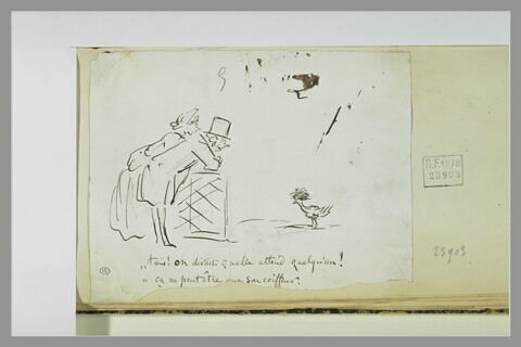 Caricature : deux bourgeois regardant un volatile derrière une barrière, image 1/1