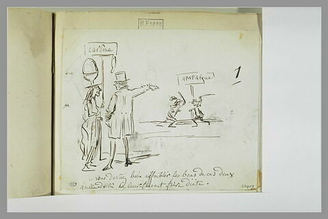 Caricature : homme désignant deux soldats à l'allégorie du Carême