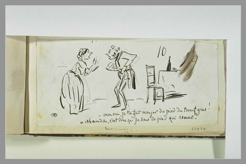 Caricature : une femme devant un homme se tenant les entrailles, image 1/1