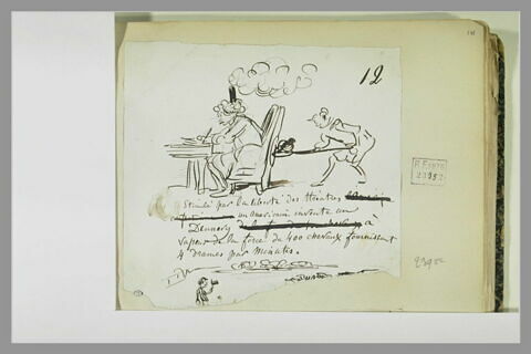Caricature : Dennery écrivant, à sa table de travail, et une figure derrière, image 1/1
