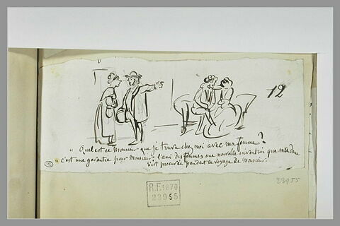 Caricature : un homme désignant un couple et interrogeant une servante, image 1/1