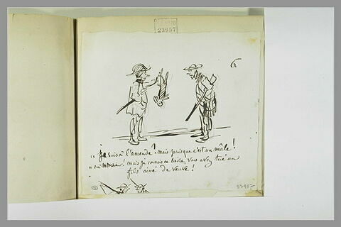 Caricature : garde-champêtre soupesant un lièvre mort devant un chasseur, image 1/1