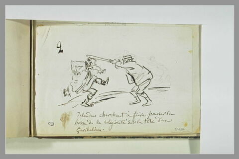 Caricature : un homme assénant un coup de bâton sur la tête d'un adversaire, image 1/1
