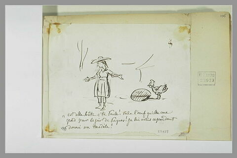 Caricature : petite fille regardant un oeuf dans la main droite