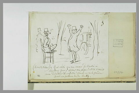Caricature : homme levant les bras face à un homme assis en tailleur